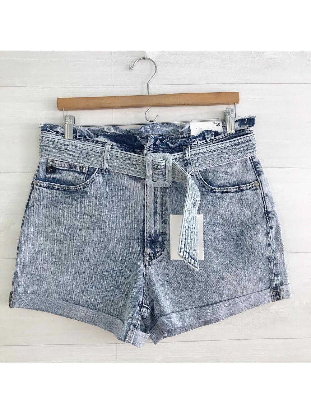 NWT Kancan Los Angeles - Acid wash cuffed High-Rise Belt denim shorts, sz 13/30